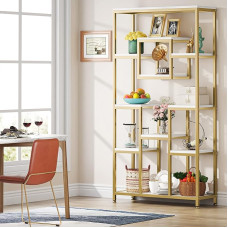 Tribesigns 180 cm High Gold Bookcase, Modern Freestanding Bookcase with 11 Open Storage Shelves, High Display Bookshelves for Living Room, Bedroom, Home Office, Gold & White
