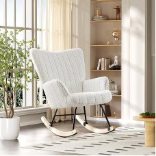 okwish Rocking Chair, Soft Teddy Plush Rocking Chair, Living Room Recliner Chair with Headrest and Footrest - Load Capacity up to 100kg (White)