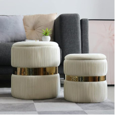 YYW Home Velvet Ottoman with Storage Space - Blue Velvet Ottoman for Living Room, Velvet Storage Ottoman for Living Room, Golden Ottoman with Storage Makeup Chair for Bedroom, Set of 2
