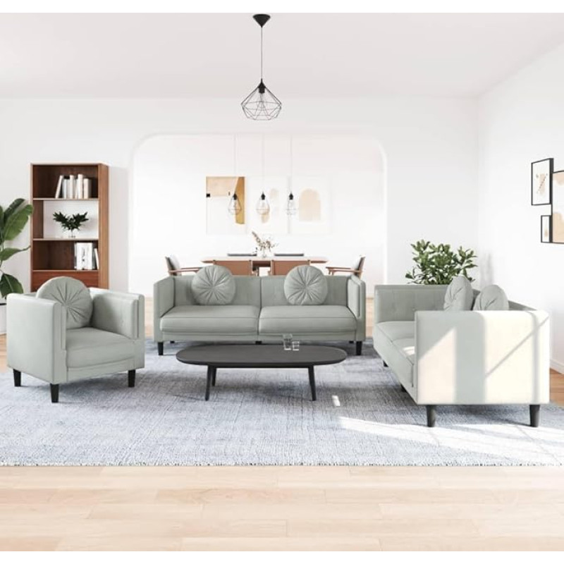 LAPOOH 3209247 3 dalių sofos komplektas su pagalvėlėmis, šviesiai pilkas aksomas, poilsio sofa, sofos ir kušetės, poilsio sofa, svetainės sofa, sofa su miego funkcija