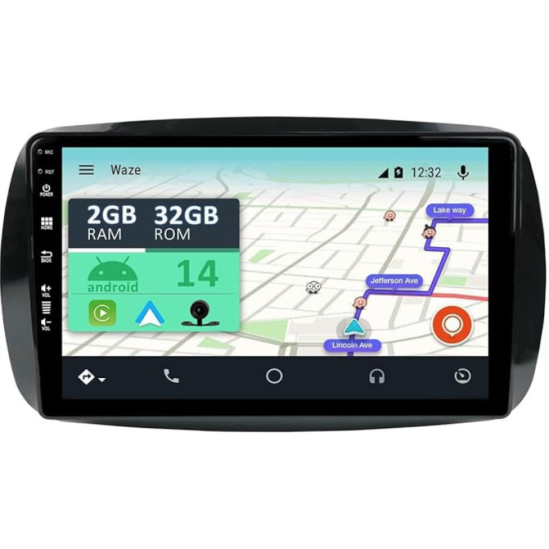 YUNTX [2GB + 32GB] Android 14 Car Radio with Navigation System for Benz Smart 453 Fortwo (2014-2020) 9 Inch Touchscreen Free Camera DAB/GPS/Steering Wheel Control/MirrorLink/Bluetooth