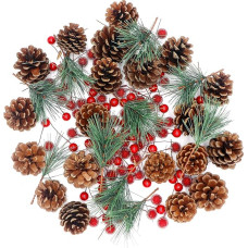 MAINOSHY Christmas Wreath Craft Decoration, Artificial Pine Branches, Pine Needle, Artificial Pine Cones and Christmas Holly Berries Red Frosted Holly Berry for Christmas Wreath Crafts