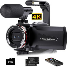 Vaizdo kamera 4K 64MP vaizdo kamera, 21X skaitmeninis priartinimas, 3 colių 270° kampu pasukamas ekranas, dviguba vaizdo kamera su 64GB kortele, mikrofonu, stabilizatoriumi, nuotolinio valdymo pultu, 2 baterijomis