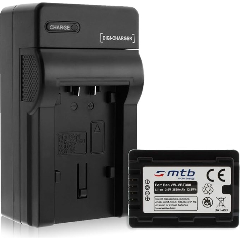 Battery + Charger (Mains, Car) for VW-VBT380 / Panasonic HC-VX989... / HC-W570, W850, WX979... with Info Chip (Battery Life Display Supported)
