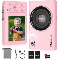 LAMA skaitmeninis fotoaparatas, 4K 64MP mini skaitmeniniai fotoaparatai, automatinio fokusavimo kompaktiškas fotoaparatas, 2,8 colių LCD ekranas, 16 kartų priartinanti blykstė, skaitmeninis fotoaparatas su 32G kortele, 2 baterijos, fotoaparatas vaikams, p