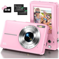 Skaitmeninis fotoaparatas, 1080P vaikiškas fotoaparatas su 32GB mikro SD kortele FHD foto kamera 44MP Vlogging kamera Nešiojamas kompaktiškas fotoaparatas su LCD ekranu 16X skaitmeniniu priartinimu ir 2 baterijomis paaugliams, mergaitėms, berniukams, roži