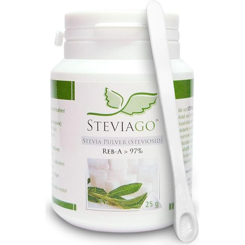 STEVIAGO Stevia Powder (Stevioside) Extract of 100% Stevia, of which min. 97% Reb-A, 25g, with Dosing Spoon