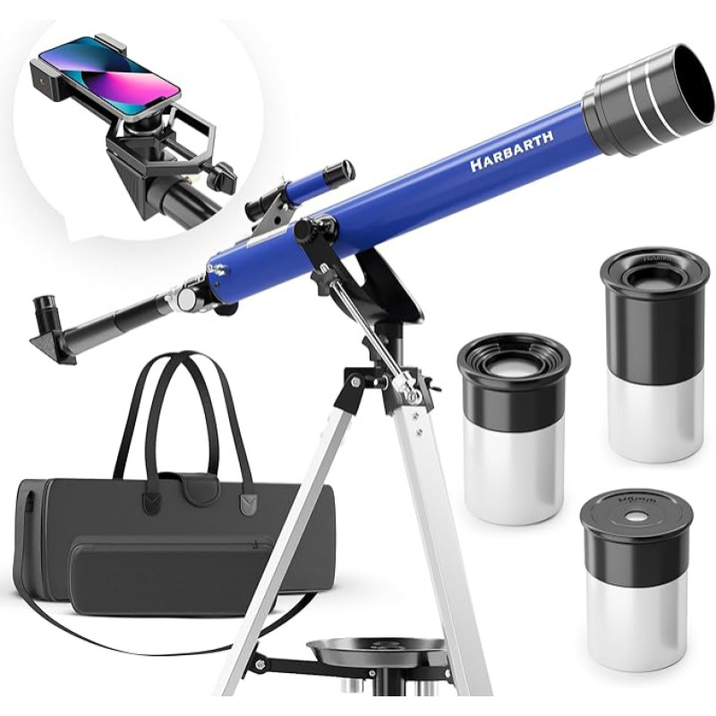 HARBARTH, Telescope, Lens Telescope + Eyepieces, Bag, Mobile Phone Holder for Pictures - Ideal for Adults & Young Astronomers - Telescope, Telescope Astronomy, Stars, Planets & Cosmos Observation