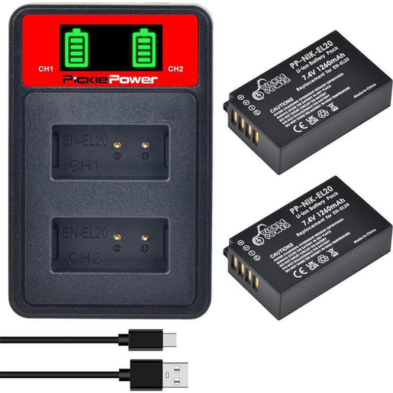 Pickle Power EN-EL20 EN-EL20a Battery 2-Pack and LED USB Charger for Nikon Coolpix P1000, P950, DL24-500, Coolpix A, 1 AW1, 1 J1, 1 J2, 1 J3, 1 S1.1 V3 Camera