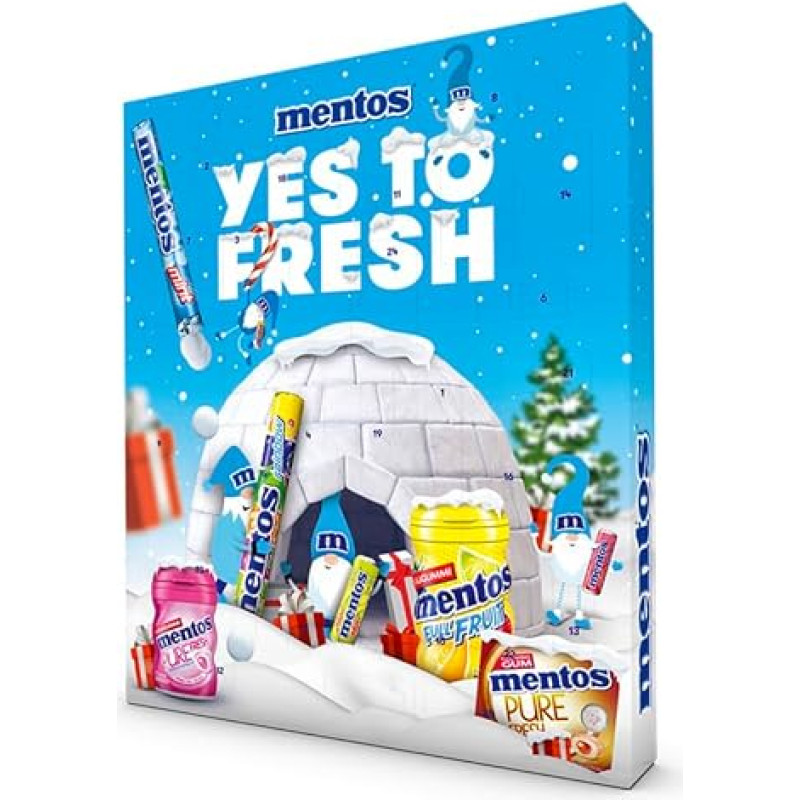 Mentos Advent Calendar 2024, 24 Doors with a Mix of Different Varieties of Chewing Sweets and Chewing Gum, 1 x 444 g