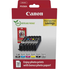 Canon PGI-530 / CLI-531 originalios dažų juostelės, 6 vnt. (2 x Schwarz, Cyan, Magenta, Gelb, Grau), 50 vnt. 4x6 fotopopierių - suderinama su PIXMA TS8750 / TS8751