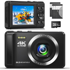 4K 64 MP skaitmeninis fotoaparatas su 32 GB atminties kortele Automatinio fokusavimo kompaktiškas fotoaparatas su 16x skaitmeniniu priartinimu, įkraunamos 2 1200 mAh baterijos 2,4 colio mini vaikiškas fotoaparatas pradedantiesiems