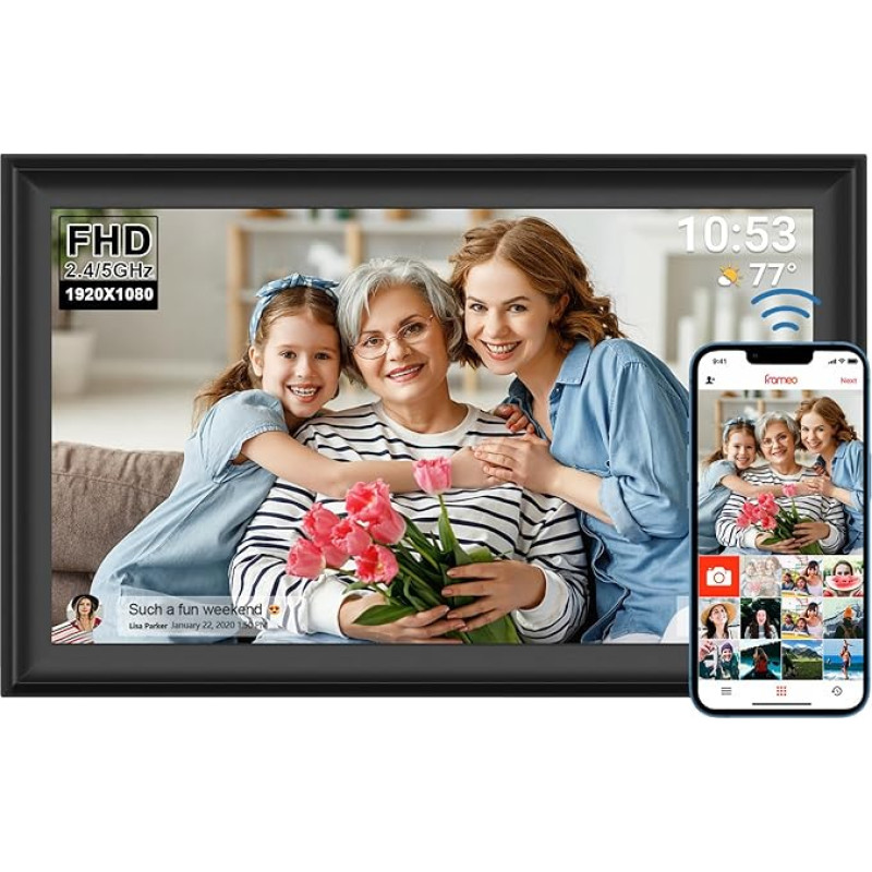 15,6 colių skaitmeninis nuotraukų rėmelis WiFi 64 GB 1920 x 1080 FHD IPS jutiklinis ekranas, automatinis pasukimas Sienoje sumontuotas judesio jutiklis Akimirksniu dalytis nuotraukomis / vaizdo įrašais per 