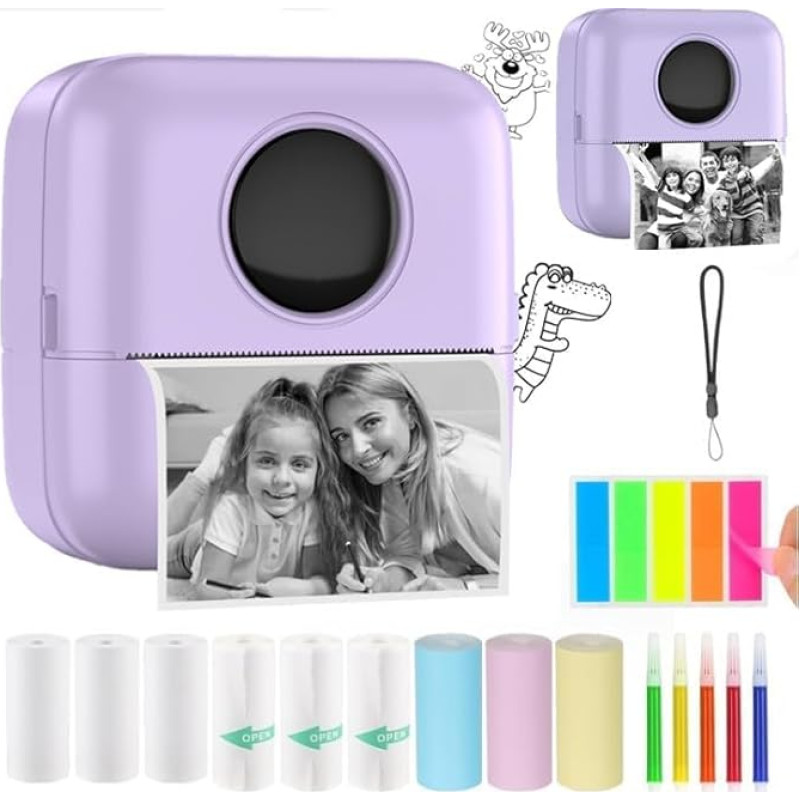 HuiJuKeJi Mini Printer, Pocket Printer, Mini Photo Printer for Smartphone, Sticker Printer, Thermal Photo Printer for Journal, Travel Logo, Notes, Journal, List, Memo (Purple)