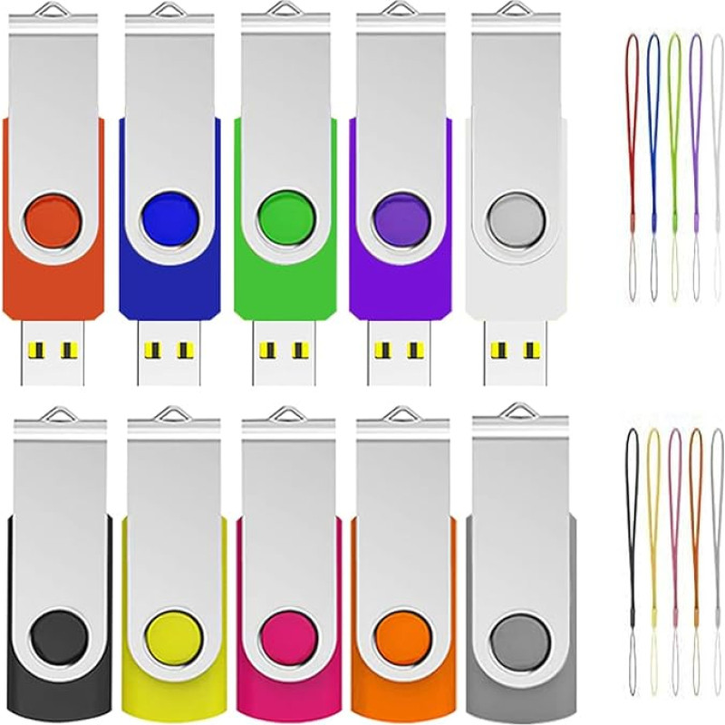 USB Stick 8 GB Pack of 10, ABLAZE High Speed USB 2.0 8 GB USB Sticks, Swivel Memory Stick with 10 Pieces, Rope, Multi-Coloured