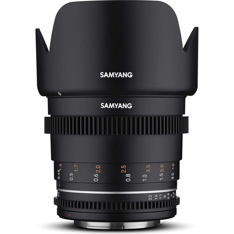 Samyang MF 50 mm T1.5 VDSLR MK2 MFT - ryškus T1.5 įprastas kinematografinis ir vaizdo objektyvas, skirtas MFT laikikliui, 50 mm fiksuotas židinio nuotolis, sekimo fokusavimo krumpliaračiai Viso kadro, APS-C ir MFT, 8K raiška