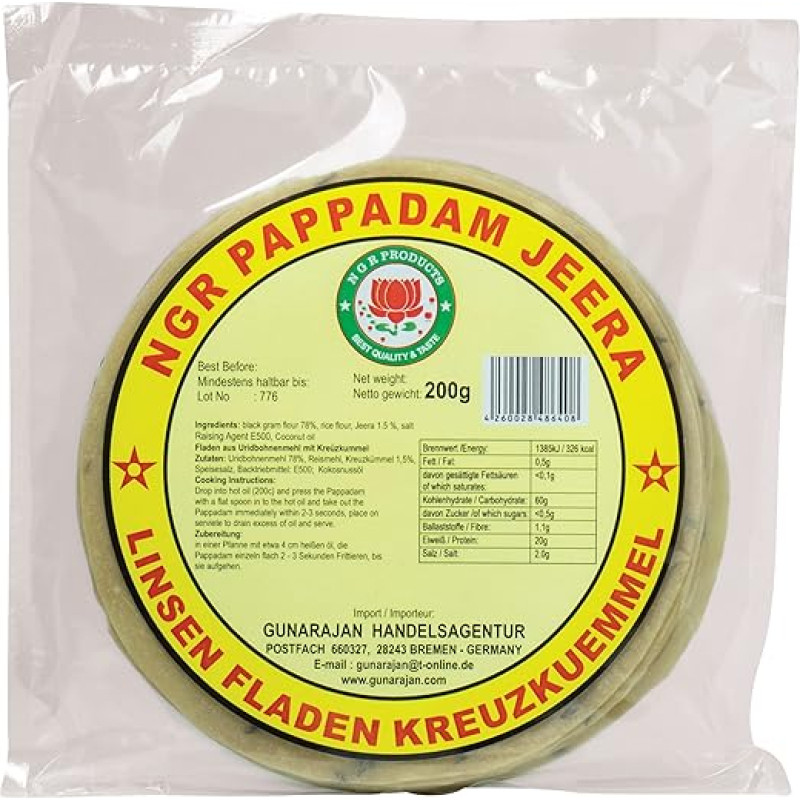 Ngr Pappadam, Lentil Flour Flour with Cumin, 200 g (1 x 200 g pack)