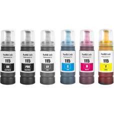 SHUOLEI 115 rašalas, suderinamas su Epson 115 rašalo kasetėmis, skirtomis EcoTank L8160 L8180 (6 pakuotės pigmentinių juodos/juodos/mėlynos/magentos/geltonos/pilkos spalvų)