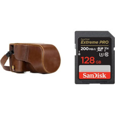 MegaGear MG982 Ever Ready Leather Camera Case with Strap Compatible with Fujifilm X-T30, X-T20, X-T10 - Dark Brown & SanDisk Extreme PRO SDXC UHS-I Memory Card 128GB (V30