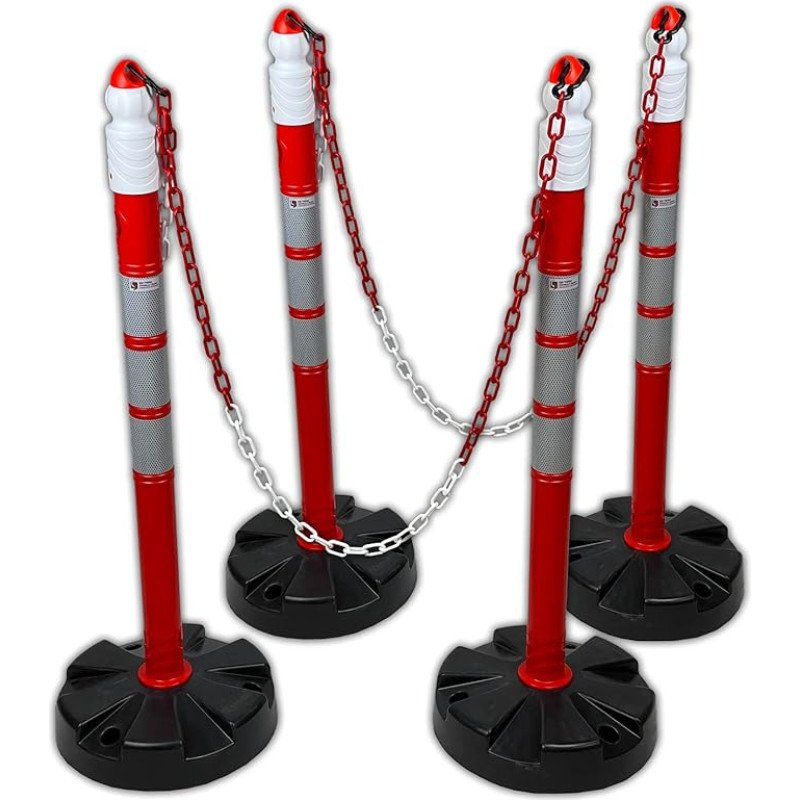 UVV Quad (4 Pcs) (Red & White) Post Chain with 10 m chain stand Ø63 Barrier Posts x 1000 mm – Foot Rest Snap Black with Weight Gain and 4 Reflective Stripes, 10 lb