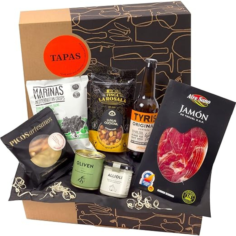 Jamon.de Tapas dovanų krepšelis, užpildytas dovanų krepšelis su amatininkų alumi, Serrano kumpiu ir gardžiais patiekalais iš Ispanijos, gimtadienio dovana ir padėka vyrams ir moterims