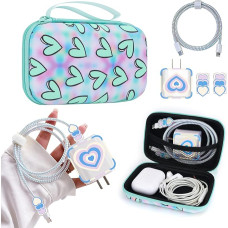 DiyGody Cute Storage Bag Set with USB Charging Cable Protection Series, Mini Storage Bag for USB Charger and In-Ear Headphones with Mesh Compartment, Storage Case Organiser for Girls - Blue Heart,