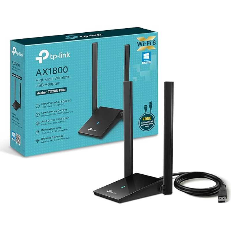 TP-Link Archer TX20U Plus WLAN Stick for PC, WiFi 6 AX1800 Dual Band, USB 3.0, MU-MIMO, Antennas with High Gain, WPA3 Encryption, Compatible with Windows 11/10, Black, único