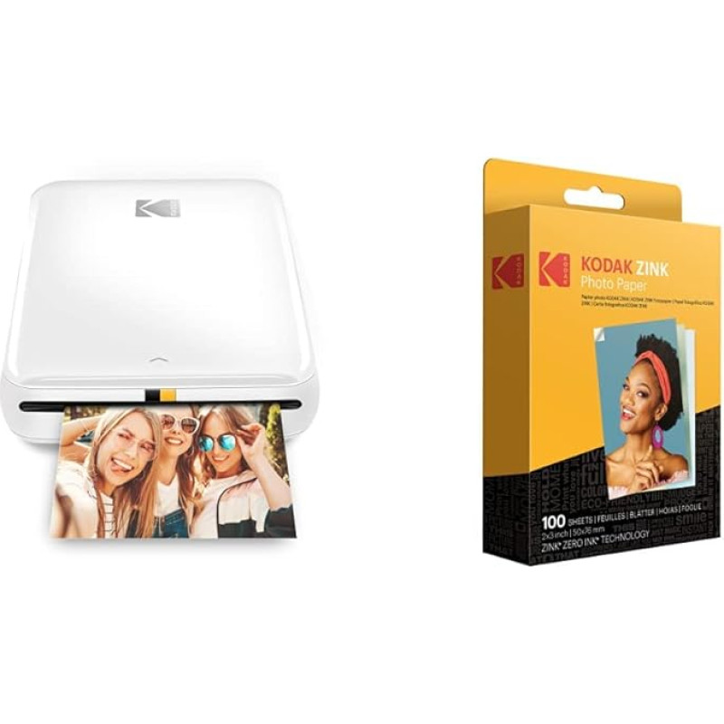 KODAK Step Printer Wireless Mobile Photo Printer with Zinc Technology (White) and 2 x 3 Premium Zinc Photo Paper (100 Sheets) Compatible with Kodak PRINTOMATIC, Kodak Smile and Step Cameras and Printers