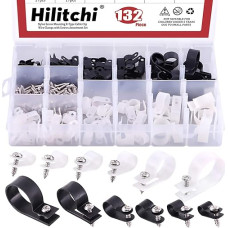 Hilitchi 132 Pieces 6 Sizes Black and White Plastic Cable Clamps R Type Screw Fixing Cable Clamps Assortment Kit with Screws for Cable Management Cable Duct (Clips from 6mm to 23mm)