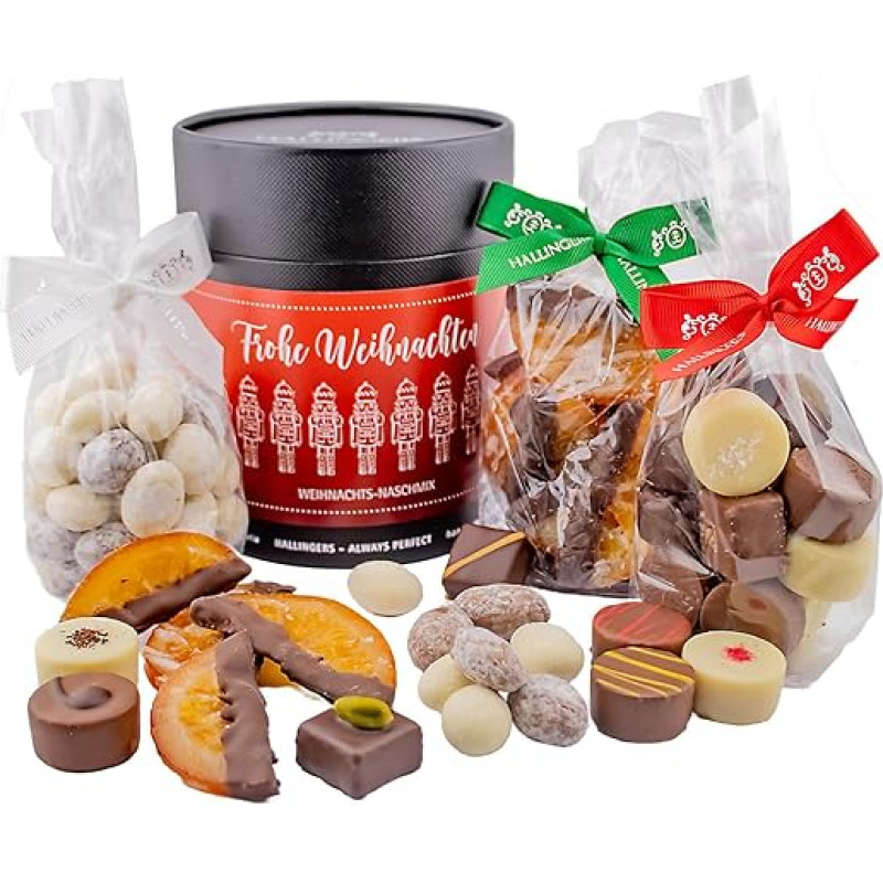 Hallingers Frohe Weihnachten - Weihnachtliches Geschenkset, Pralinen Mandeln Orangenscheiben als Geschenk zu Weihnachten (Set) - Ostergeschenke Osterkörbchen Ostereier & als Osterdeko | Glückwunsch Gl