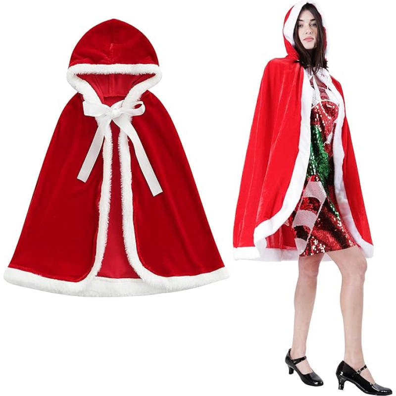 Moteriškas raudonas Kalėdų Senelio apsiaustas su Kalėdų Senelio kepure, baltos ir raudonos spalvos, skirtas Kalėdų Seneliui, 120 cm aukščio