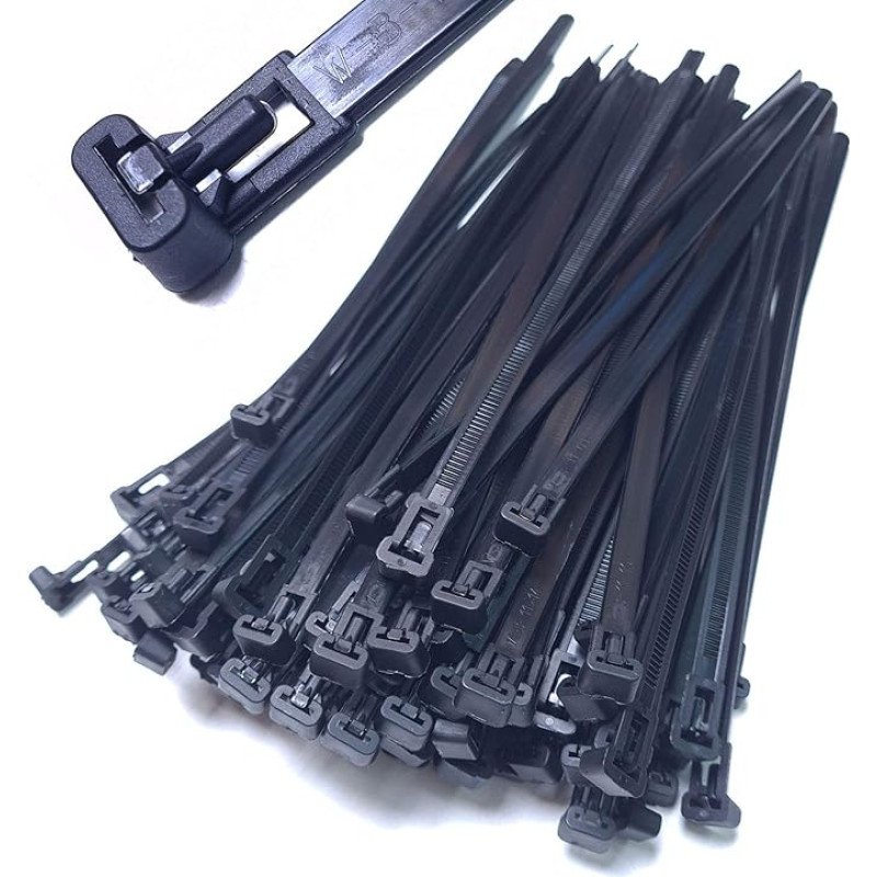 Pack of 100 Cable Ties Resealable 300 mm x 7.6 mm Black Removable Reusable Nylon Reusable UV Stable
