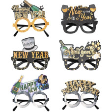 HEREER 6 Stück Neujahrsbrillen Happy New Year Hut Kronenförmige Sonnenbrille Schwarz Gold Neujahr Foto Booth Requisiten mit Glitzerfolie Brille für 2025 Silvester Party Dekorationen