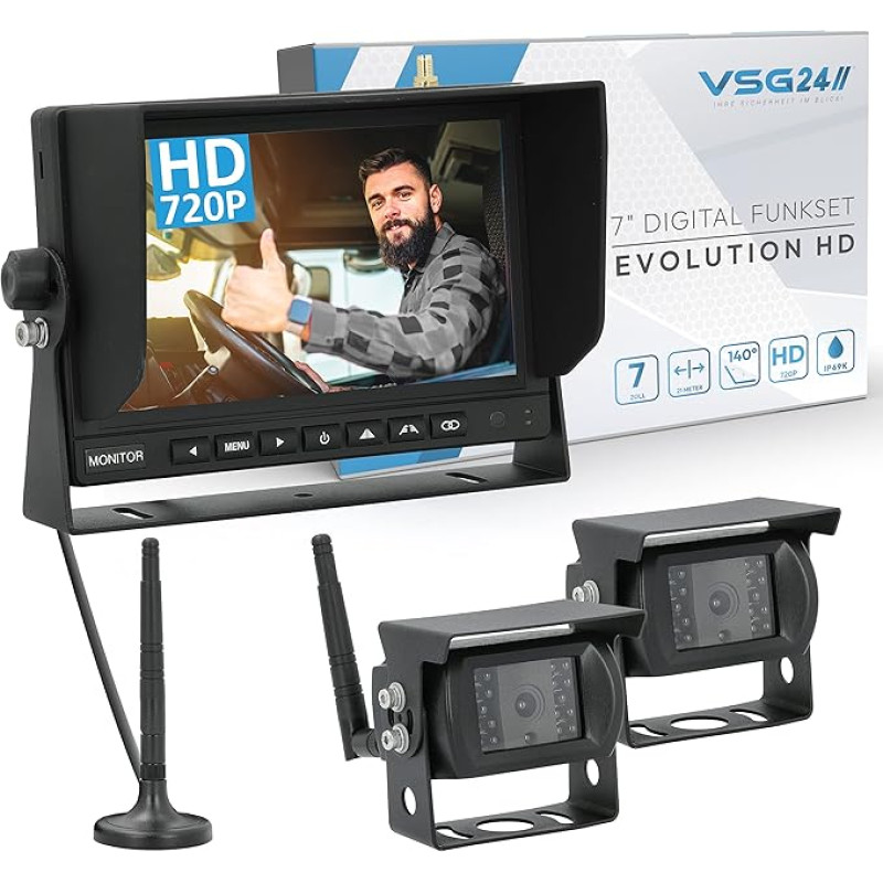 VSG Evolution HD XL 24 9 Inch Wireless Reversing System for Motorhomes and Trucks, Car Set Wireless Including 2 x Reversing Cameras + Monitor, Easy for DIY Retrofitting 12V-24V, Camera Digital, Car