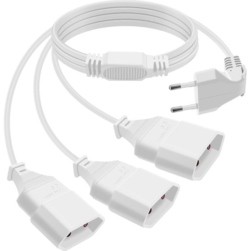 HuaLiSiJi Euro kištukas nuo 3 iki 1 prailginimo kabelis Euro kištukas 90 laipsnių Euro kištukas platintuvas 3 krypčių prailginimo kabelis nuo plokščio iki apvalaus 2,5 A 250 V, skirtas buitinei technikai televizoriui (baltas, 1,5 m)