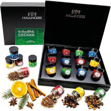 Hallingers Weihnachtliche Grüße - Weihnachten 12 Sorten Tee Geschenkset, loser Tee in Schraubgläsern, Teesortiment als Tee Geschenk (Set) - Ostergeschenke Osterkörbchen Ostereier & als Osterdeko | Glü