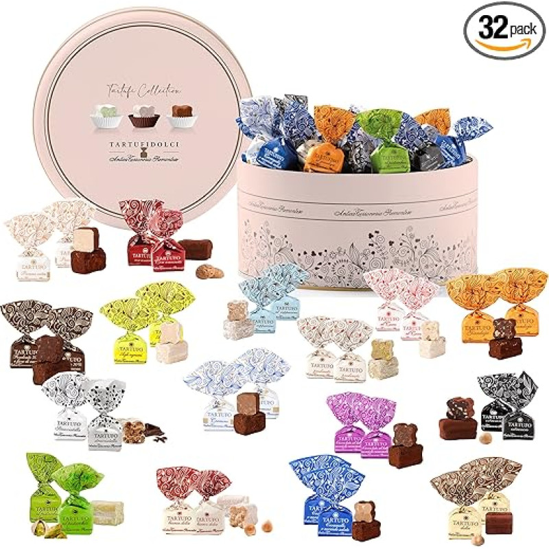 GUSTONE. Torroneria Piemontese Premium Truffle Collection in Elder Gift Tin - 32 High Quality Chocolate Truffle Chocolates