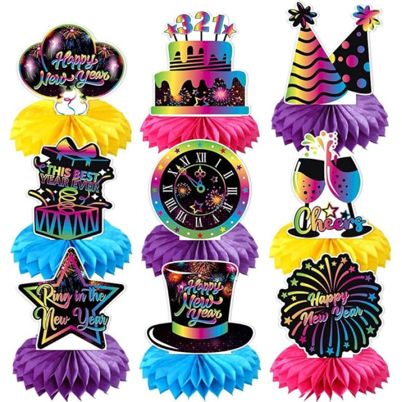 9 Pieces Happy New Year Party Decorations Honeycomb Table Centerpieces, New Year's Eve 2025 Party Decoration, 3D Table Decoration, Iridescent Fireworks Decoration for 2024-2025 New Year Countdown