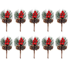 FSSTUD Artificial Pine Cones Red Holly Berries Natural Pine Cones Branches Christmas Wreath Decoration for Holiday Crafts Pack of 10