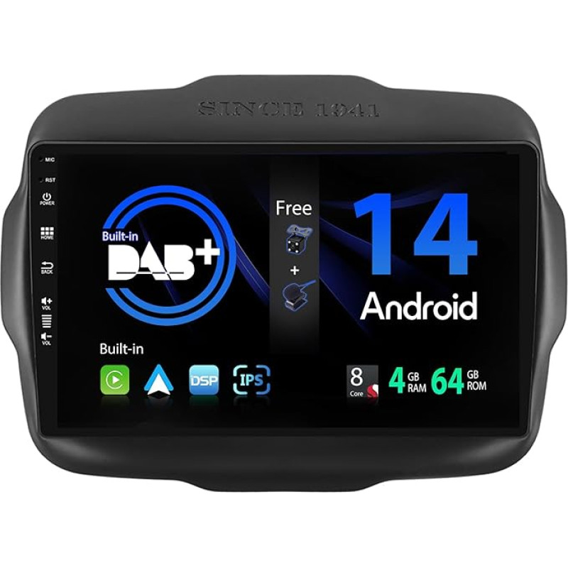 SXAUTO - Built-in DAB - Android 14 IPS Car Radio Fits Jeep Renegade (2015-2018) - Built-in Carplay/Android Car/DSP - LED Camera + MIC - 4G + 64G - AHD 360-Camera SWC Fast-Boot WiFi - 2 DIN 9 Inch