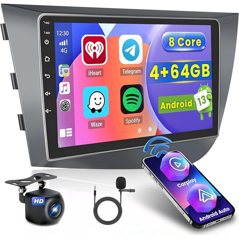 [8 Core 4+64GB] Android 13 automobilinis radijas Seat Leon 2005-2012 (Mano Izquierda Draive) Radijas, CarPlay Android automobilinis belaidis, 9 colių ekranas, Bluetooth, GPS WiFi DSP FM RDS SWC USB, atbulinės eigos kamera