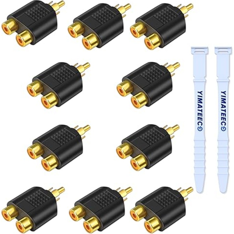 YIMATEECO RCA daliklis 10 dalių RCA Y adapterio jungtis AV adapteris 1 RCA vyriškos ir 2 RCA moteriškos RCA moteriškos jungtys žemų dažnių garsiakalbiui, garsiakalbiui, televizoriui, CD/DVD grotuvui (10 dalių, RCA Y adapteris)