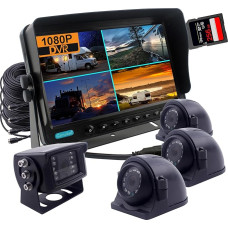 CAMSLEAD 9 colių ekranas 1080P atbulinės eigos kameros sistema, integruotas DVR įrašymo įrenginys, keturių dalių ekranas, automobilio monitorius + 1 x galinio vaizdo kamera + 3 x šoninis saugiklis, skirtas RV priekaboms, sunkvežimių priekaboms