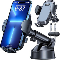 YRU [Upgraded] Car Phone Holder [Improved 80-lb Suction Cup] Thick Sleeve Friendly Mobile Phone Holder for Dashboard Windscreen Air Vent iPhone 14 13 12 Pro Max Samsung, Grey