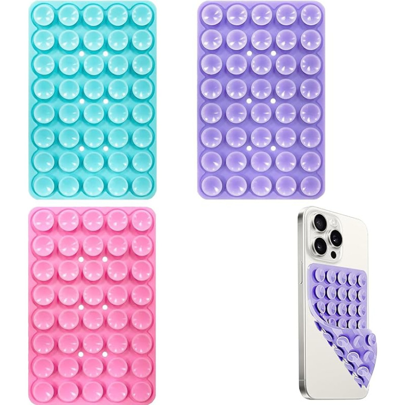 Double Sided Phone Suction Cup, Silicone Suction Cup Grip, Silicone Suction Phone Case Holder, Multifunctional Sticky Suction Phone Case for Shower Mirror, 3 Pack (Lake Blue, Purple, Pink)