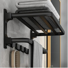 Towel Rail No Drilling Black Matt, Self-Adhesive Towel Holder Bathroom, Wall Mounted Towel Rail with 5 Towel Hooks, Bath Towel Holder, Towel Rack for Bathroom Kitchen, 58 cm, Aluminium