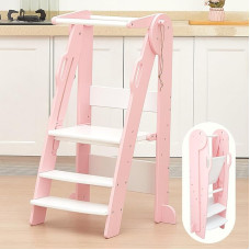 FUNLIO sulankstomas mokymosi bokštas vaikams, 3 lygių reguliuojamo aukščio mokymosi bokštas 2-6 metų mažyliams, Montessori mokymosi bokštas vaikams su apsauginiu turėklu, lengvai surenkamas, rožinės spalvos