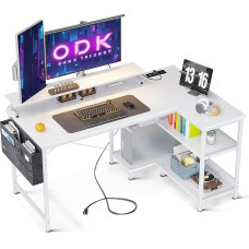 ODK L formos rašomasis stalas, kampinis stalas baltos spalvos su USB įkrovimo prievadu ir lizdu, L formos žaidimų stalas su apverčiama lentyna, L formos kompiuterio stalas su monitoriaus stovu biurui