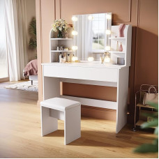 SUNXURY Dressing Table with Lighting and Stool LED Mirror White Teenager Girls Ladies Cosmetic Table Drawers Chair 108 x 40 x 140 cm Make Up Dressing Vanity Table