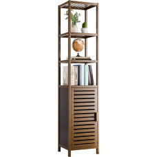 HITNET Bamboo Bathroom Cabinet, Tall Narrow Space-Saving Organiser, Base Cabinets Floor Cabinet for Kitchen, 4 Open Shelves and 1 Cabinet, Walnut